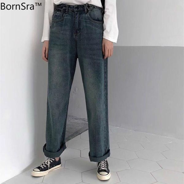 

women's jeans bornsra vintage fashion women denim blue high waist straight pants female trousers ladies streetwear 2021