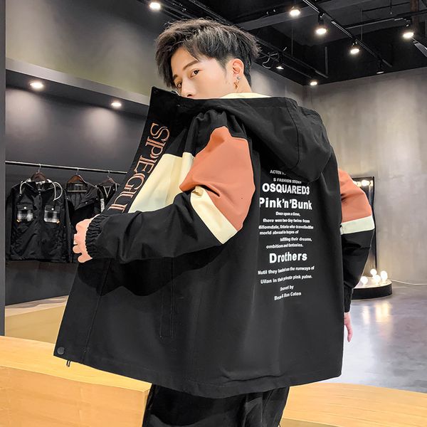 

autumn hooded coat work et 2021 color block letter hip hop trend men's wear, Black;brown
