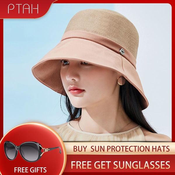 

wide brim hats [ptah] fashion sun straw women's cloth foldable breathable comfortable visors anti-uv beach shopping casual caps, Blue;gray