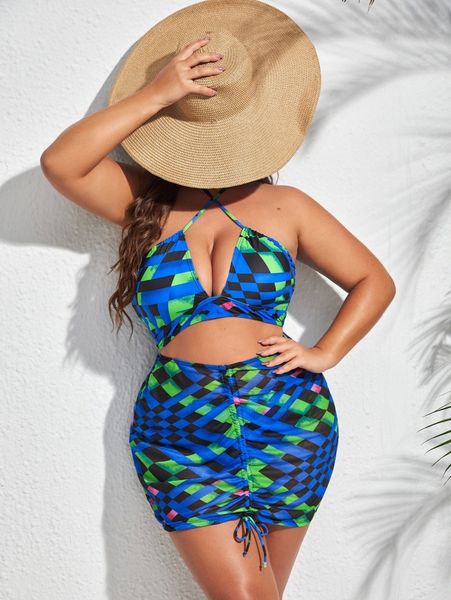 

3pack plus geometric print halter bikini swimsuit & beach skirt j5uh#, Black