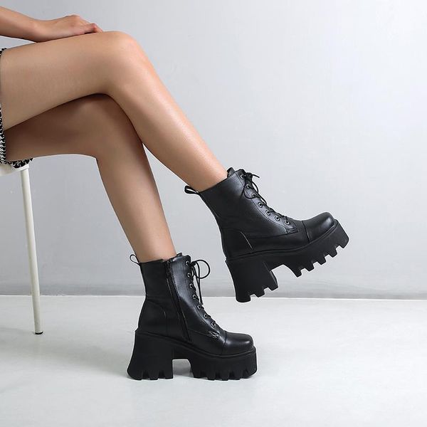 

boots chunky platform heels pu leather ankle women retro punk short woman lace-up booties mujer 2021 fall, Black