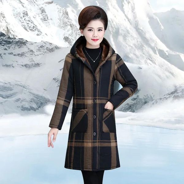 

women's trench coats 2021 mother winter wear striped print plus velvet warm slim windbreaker coat women loose thin mid-length hooded ja, Tan;black