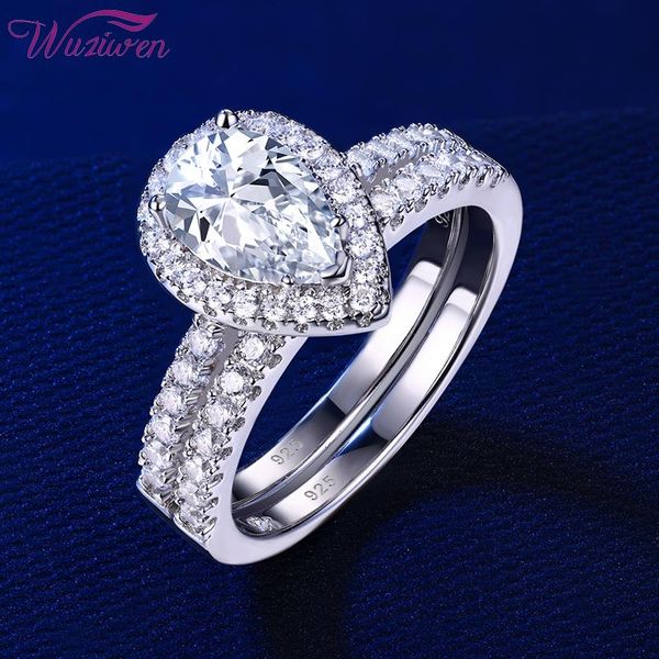 

cluster rings wuziwen pear shape solid 925 sterling silver wedding engagement for women water drop cubic zircons bridal set, Golden;silver