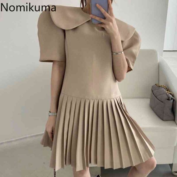 

nomikuma summer sweet peter pan collar woman dress korean chic pleated a-line vestidos femme puff short sleeve dresses 6h321 210427, Black;gray