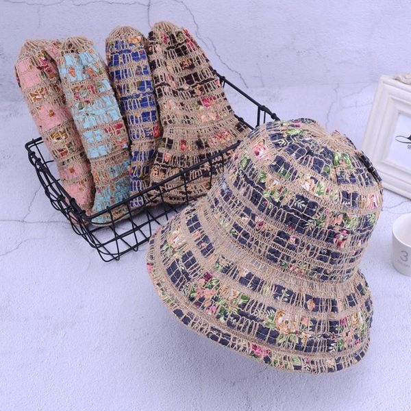 

fashion coloful linen lady hat summer foldable bucket beach uv protection round sunscreen fisherman cap wide brim hats, Blue;gray