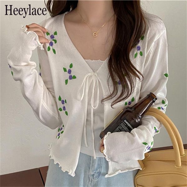 

women's knits & tees 2021 gentle florals knitwear slim v-neck all match casual chic femme streetwear women cardigans sweaters 2 pieces, White