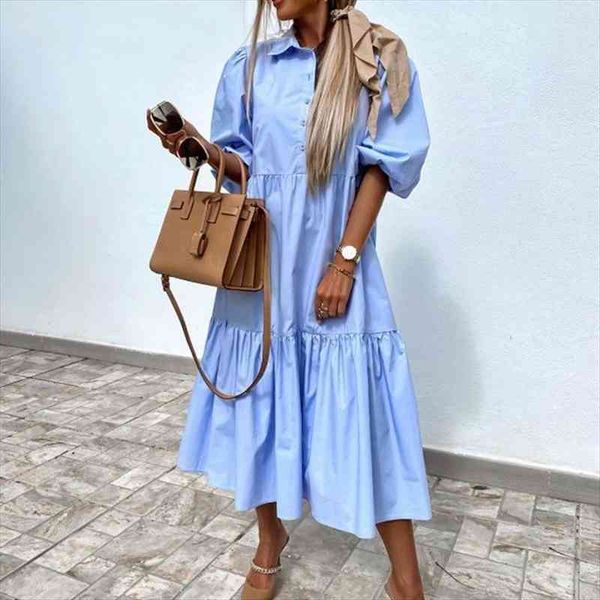 

summer loose party women dresses turn down collar button office lady robes retro half sleeve long robe femme, Black;gray