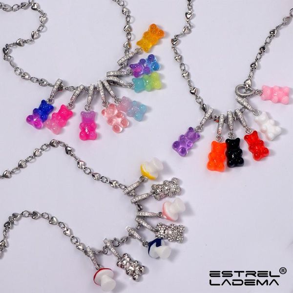 

chains 2021 colorful resin zircon bear gummy choker necklace for women cute mushroom heart metal chain necklaces collar y2k jewelry, Silver