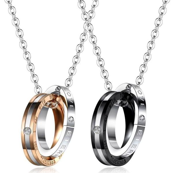 

pendant necklaces women men lover ring double circle necklace valentine's day gift his & hers matching titanium steel couple, Silver