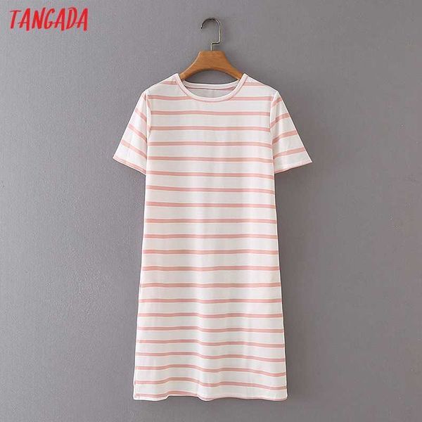 Tangada Summer Women Striped T Shirt Dress Tasca laterale Manica corta Ladies Sundress 7Y30 210609