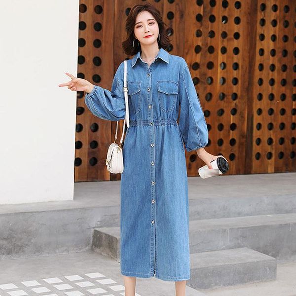 

casual dresses autumn denim dress women puff sleeve 2021 spring fall korean female thinover the knee long high quality, Black;gray