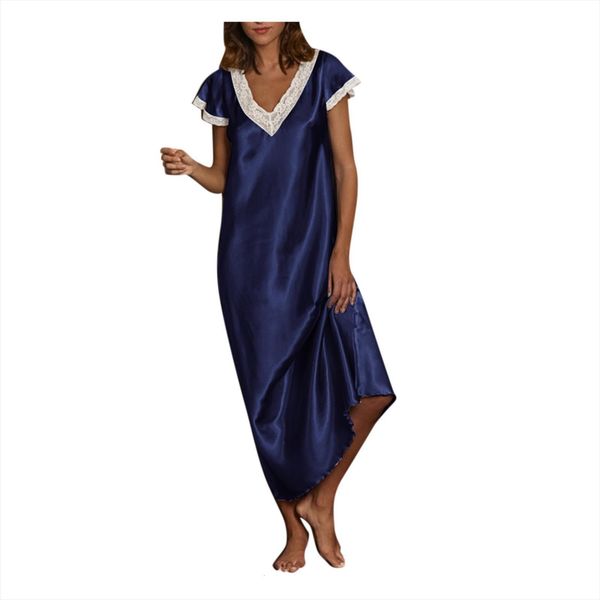 

summer short sleeve v neck womens dresses homewear robe pajamas long nightgowns sleepwear loose home, Black;gray
