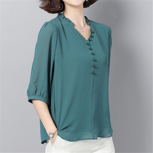 

the 2021 summer side breasted mid-sleeve blouse women's seven-point sleeve shirt v-neck chiffon loose blouses & shirts, White