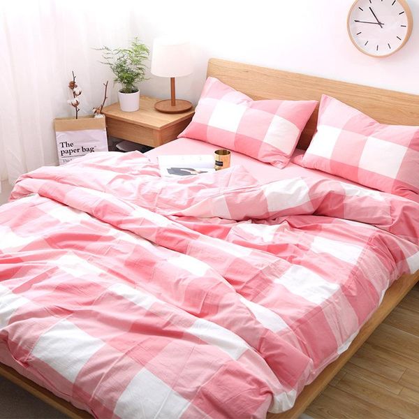 

bedding sets washed cotton four-piece naked sleeping soft simple plaid linen quilt cover kit sheet blanket set