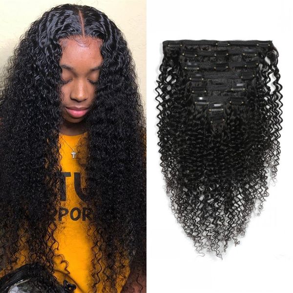 

peruvian kinky curly clip in human hair extensions for black women 8-24 inch 8 pieces 120g/set wefts, Black;brown