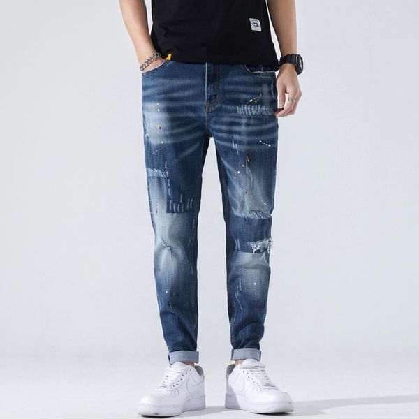 

men's jeans ripped men slim fit dark blue stretch ruined hiphop patchwork bedelain broek denim shredded weakened motorcycle