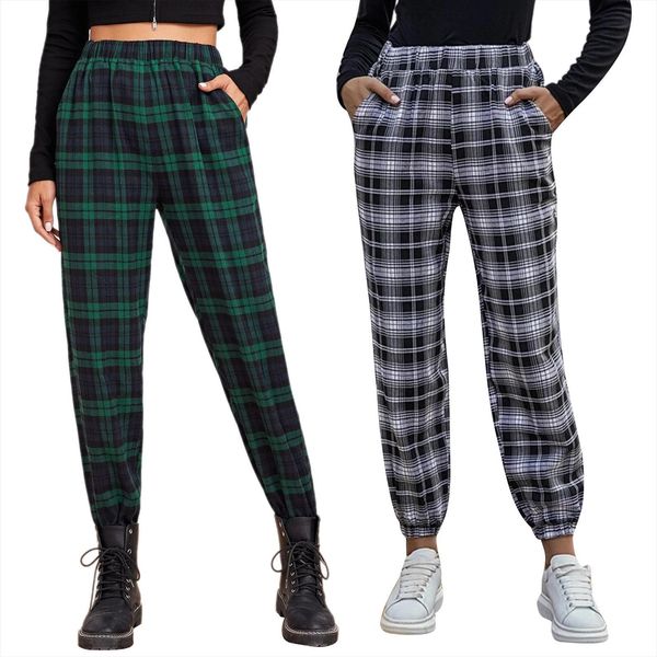 

casual plaid elastic waist womens capris color block ankle length sweatpants sport long fashion trousers, Black;white