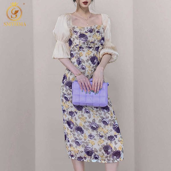 

casual dresses 2021 fashion summer ladies floral print chiffon robe women's square neck half sleeve slim elegant vestidos zn18, Black;gray