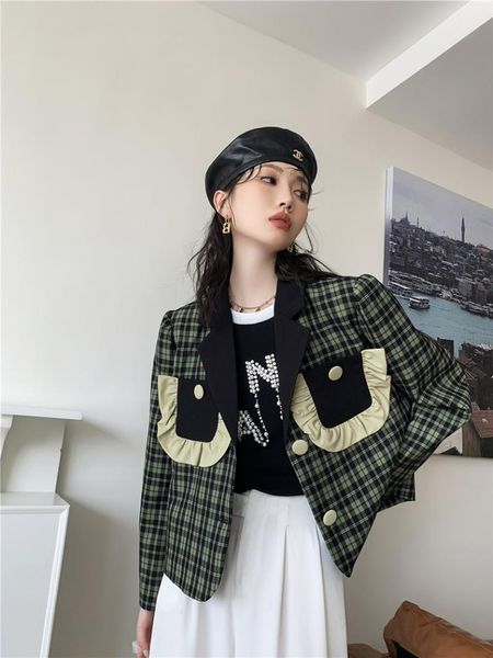 

women's suits & blazers vintage ruffle stitched plaid suit coat autumn loose silhouette 2021, White;black