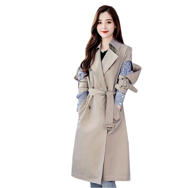 

women's trench coats spring autumn long coat women clothes korean fashion patchwork stripe double breasted windbreaker overcoat h155, Tan;black