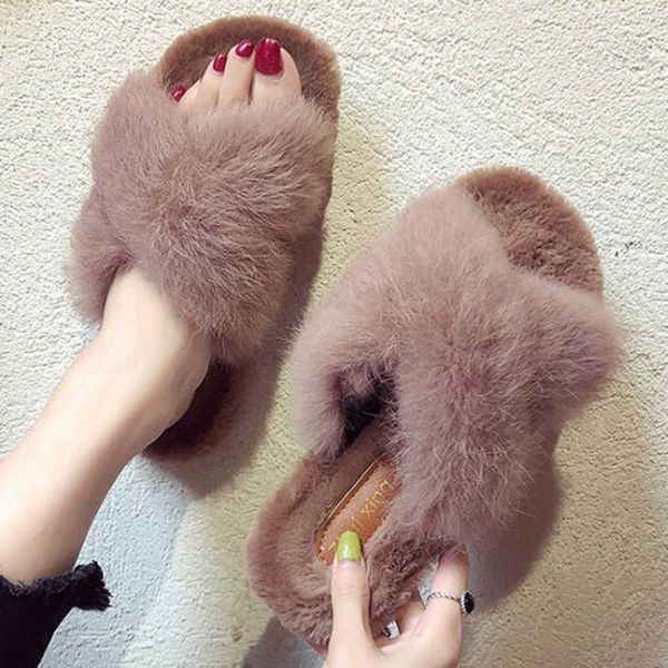 

comfortable rabbit hair flat flip flop fashion cross slide platform woman cotton slipper ladies fur open toe shoes s739 210625, Black