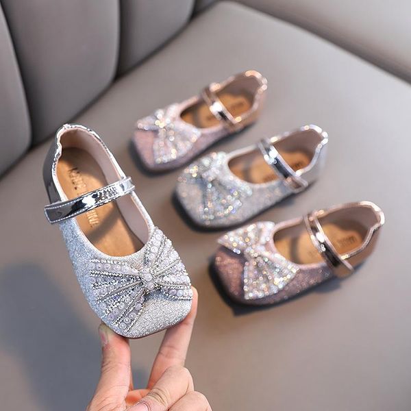 

spring summer girls mary jane shoes princess little heel bow student shallow bling leather girl kids e03244 flat, Black;grey