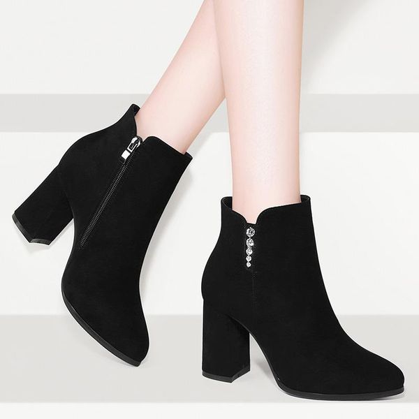 

boots pointed-toe high-heeled women's flock 2021 autumn winter short plus velvet thick heel side zipper modern, Black