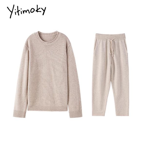 

women's two piece pants yitimoky 2 pieces set women couple knitted outwear tracksuit sweater pullover 2021 fall winter suit elastic w, White