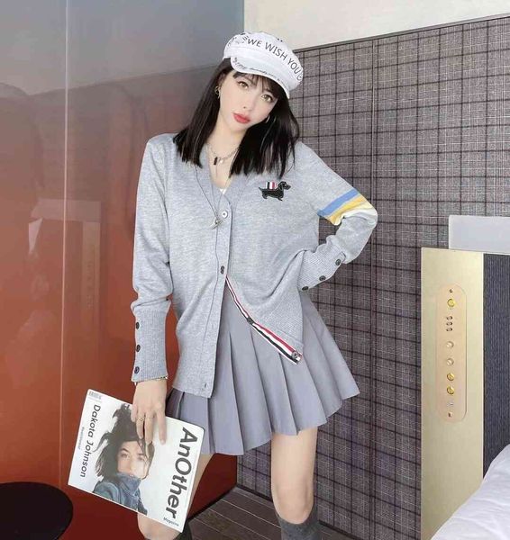 

2021 spring new tb puppy badge embroidered knit cardigan jacket classic ribbon contrast british style, White