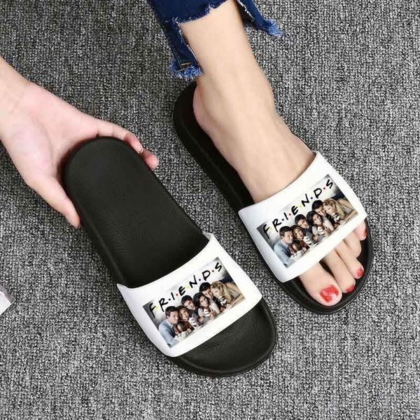 

slippers sandals for woman 2021 home non-slip ladies indoor friend print bathroom flip flops beach flat slides chaussure femme, Black