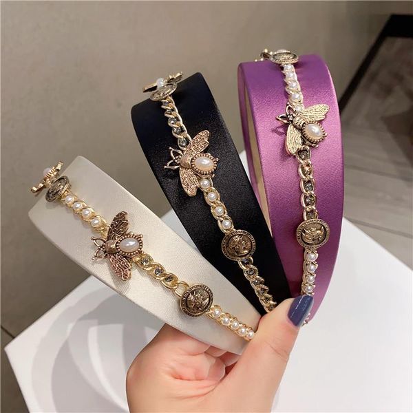 

hair clips & barrettes vintage luxury pearl gem bee alloy wide headband full metal badge headwear accessories crown baroque flower hairbands, Golden;silver