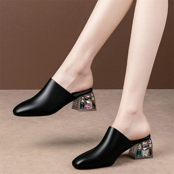 

slippers women genuine leather square toe female wedding party chunky high heels mules summer outdoor pumps shoes casual, Black