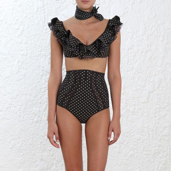

summer women two pieces ruffle swimsuit mesh patchwork bikini swimwear push up high waist bathing suit biquinis one-piece suits
