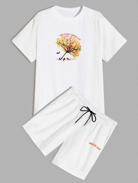 

romwe guys letter plants graphic tee & drawstring shorts w2wk#, Gray