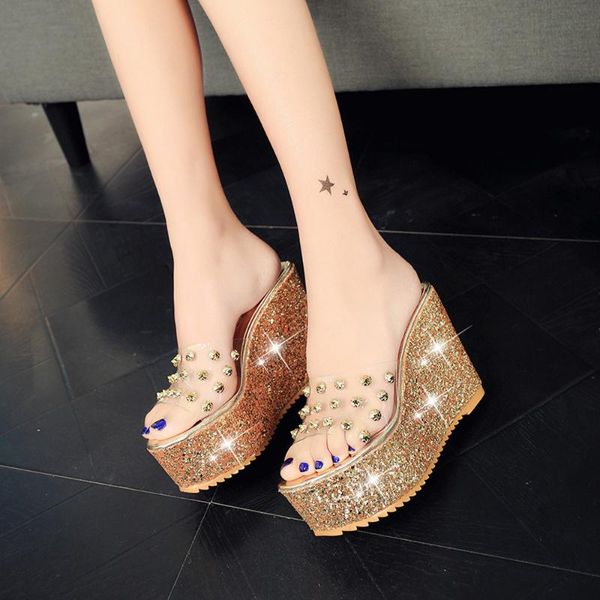 

sandals women summer transparent platform waterproof wedge slides shiny glitterslippers fashion stilettos, Black