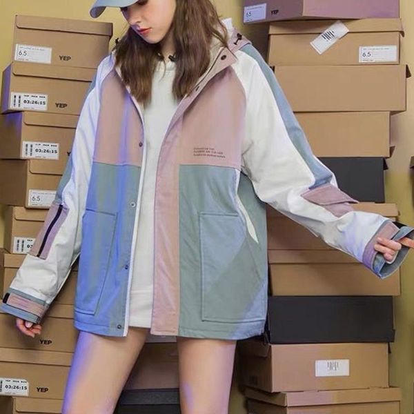 

women's jackets [ewq] korea chic casual trend women hooded zipper hidden button hit color loose fashion long-sleeved jacket autumn 2021, Black;brown