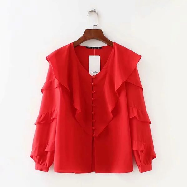 

v neck laminated ruffles women long sleeve blouses casual lady elegant shirt fashion loose streetwear chemise s5185 210430, White