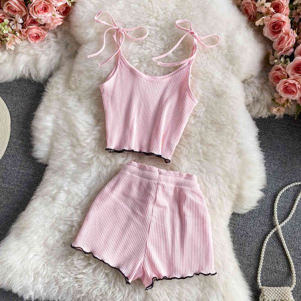 

women's jumpsuits & rompers summer women knitted two pieces set bow-tied strap sleeveless crop + drawstring waist short pants, Black;white