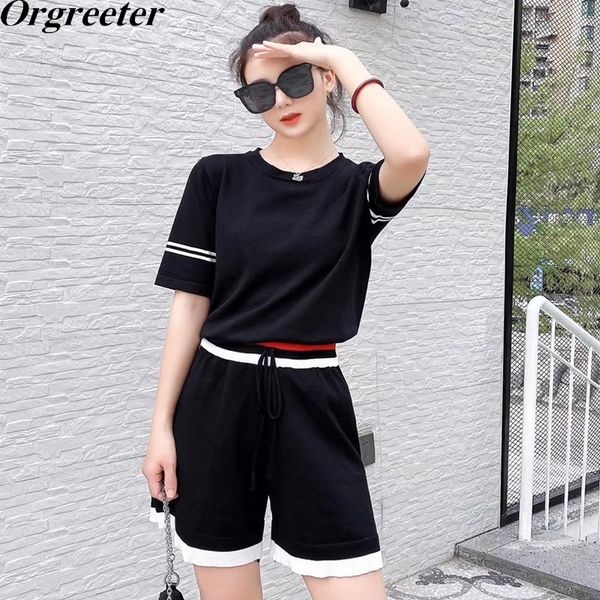 

color contrast knitted tracksuits summer o-neck short sleeve pullover + striped high waist shorts 2 piece sets women 210525, White