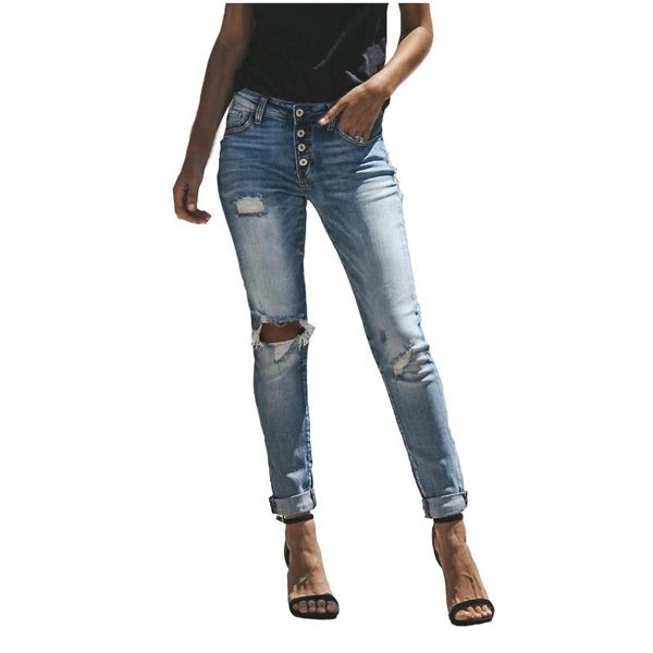 

women's jeans ladies high waist slim-fit trousers 2021 fashion street style cotton ripped holes retro blue little feet mom's pants
