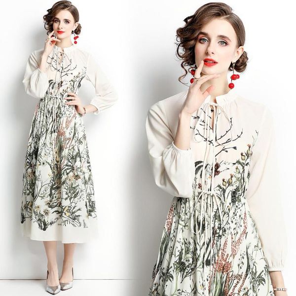 

casual dresses simgent woman long sleeve dress autumn a line elegant print adjustable wasit midi vestidos robe femme sg1851, Black;gray