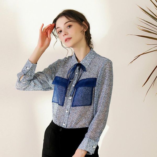 

summer blouse women's elegant office lady long sleeve pockets loose flower print shirts women vestidos blouses, White