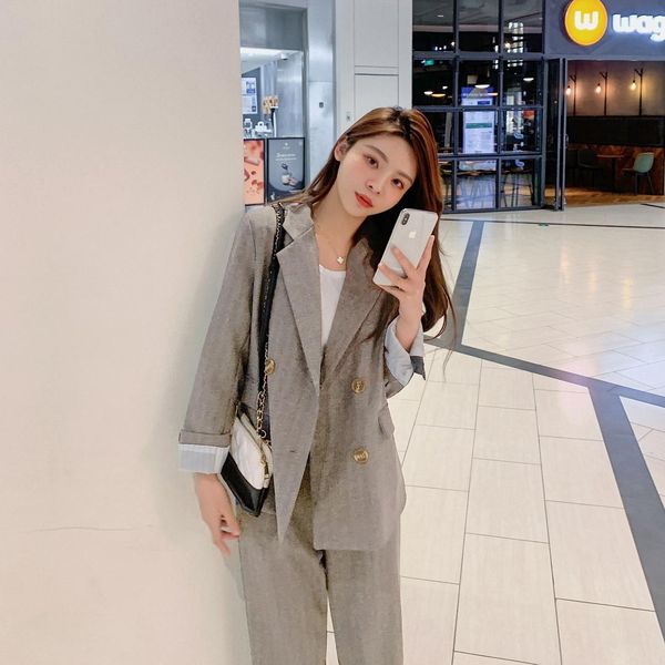 

autumn and winter women's office suit loose double breasted pantsuit ladies korean clothes blazer fashion 2 piece set female 210514, White;black