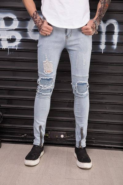 

men's washed jeans youth trend ripped slim fit stretch leggings trousers, Blue