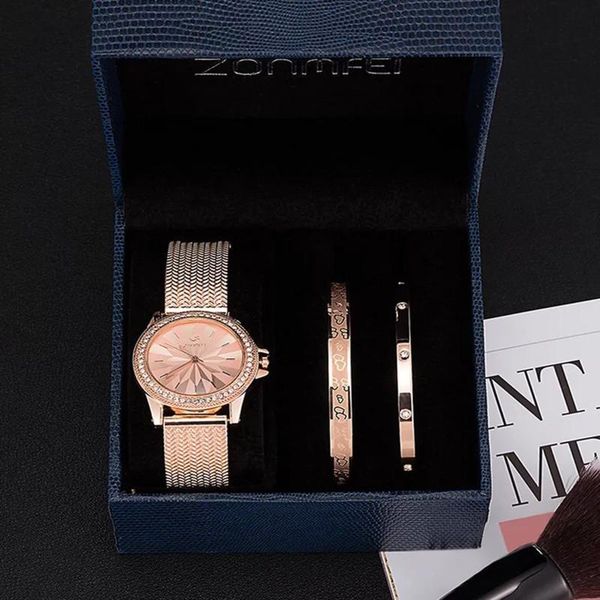 

wristwatches 3pcs luxury women watches gift box sets gold plated stainless steel bracelets women's gifts, Slivery;brown