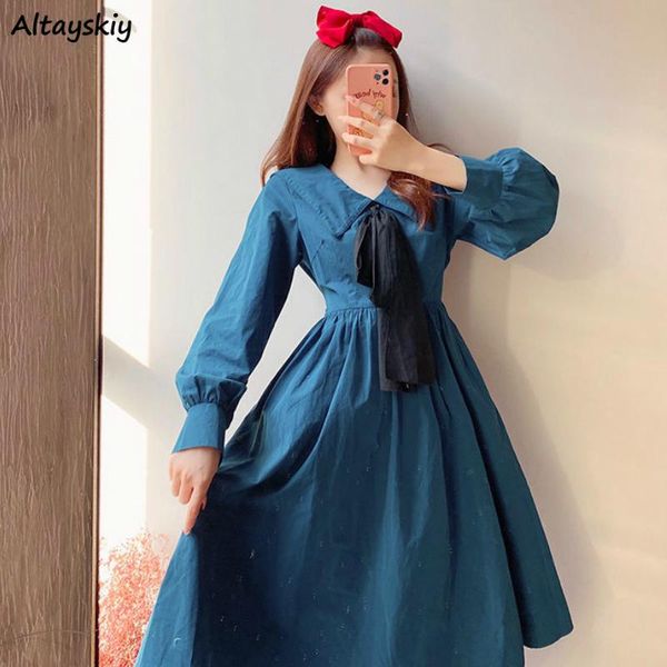 

casual dresses dress womens elegant sweet kawaii long sleeve turn down collar blue temperament girls korean style ulzzang high waist ins, Black;gray