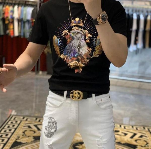 

men's t-shirts t-shirt mercerized cotton europe style 2021 summer fashion brand colorful laser baroque eagle rhinestone tees male top, White;black