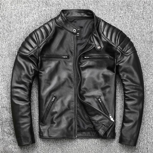 

men's leather & faux the rule big head layer cowhide motorcycle suit collar male youth jacket, Black