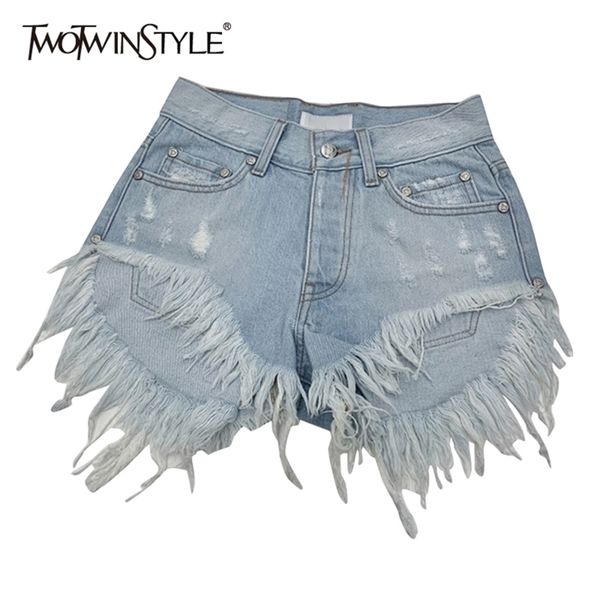 

denim patchwork tassel short for women high waist hole casual streetwear shorts female fashion clothing 210521, White;black