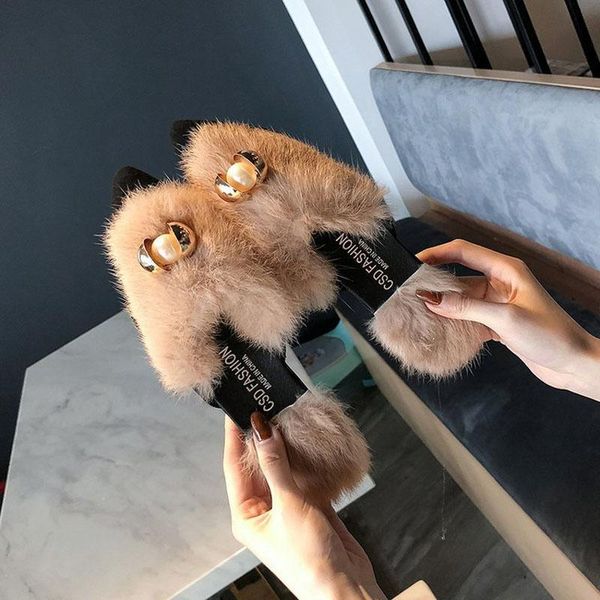 

slippers metal ball decoration women pointed toe fur sandals flat heel out door shoes mules slides pearl flipflops449, Black